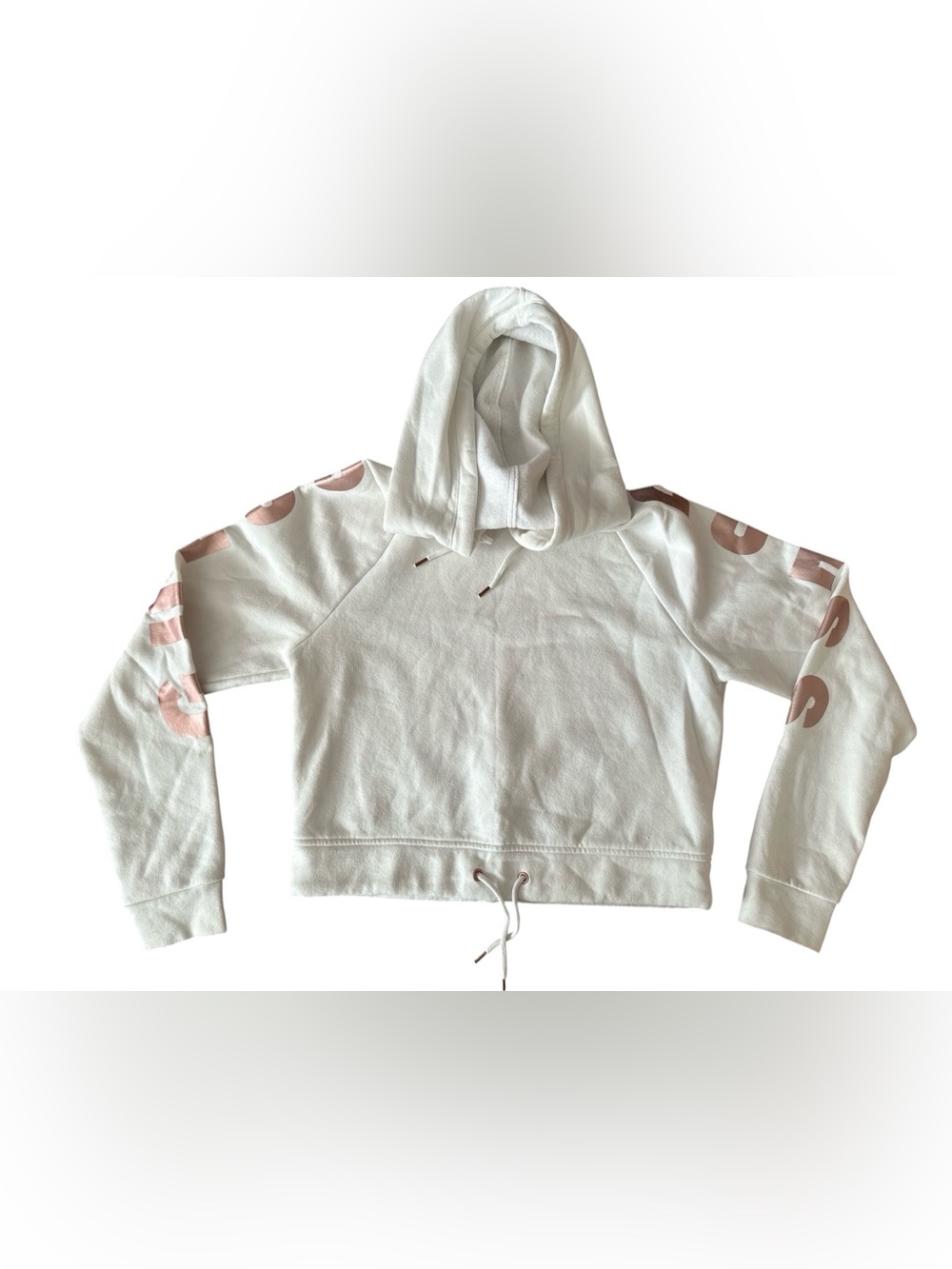 Guess white cropped hoodie with rose gold metallic lettering size small